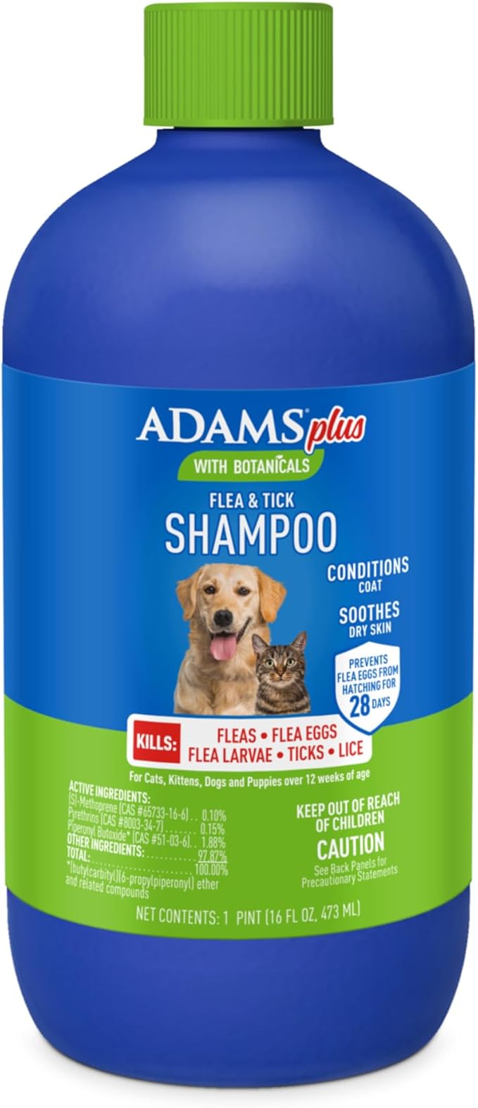 ADAMS Plus with Botanicals Flea & Tick Shampoo, for Cats, Kittens, Dogs & Puppies Over 12 Weeks of Age, Kills Adult Fleas, Flea Eggs, Ticks and Lice, 16 fl oz