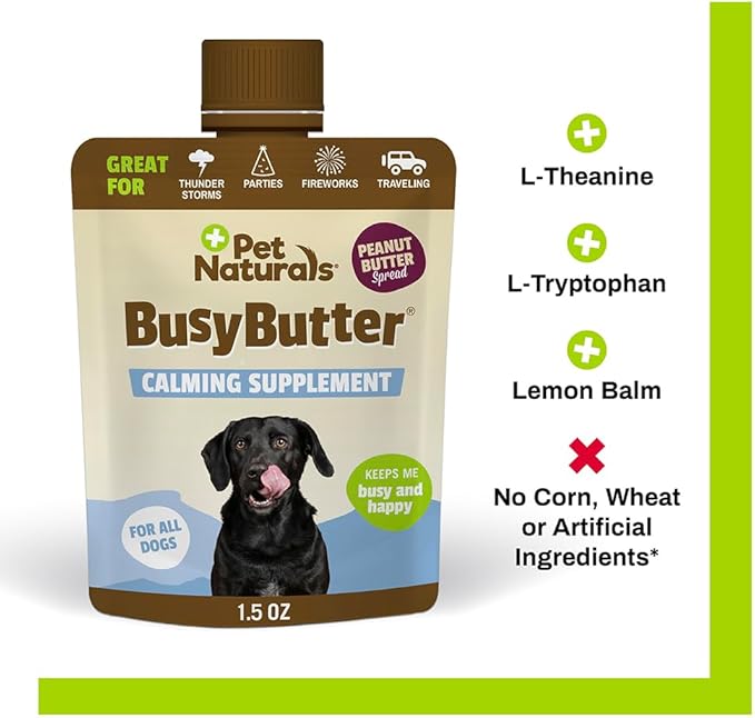 Pet Naturals BusyButter Easy Squeeze Calming Peanut Butter for Dogs, 6 Pouches - Great for Treats, Lick Mats, Training, Calming, and Occupier Toys
