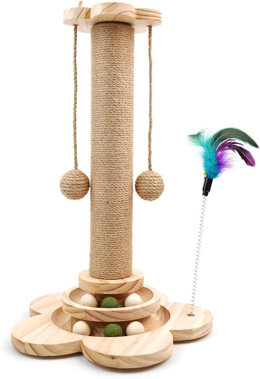 Cat Scratching Post, 4 in 1 Wooden Cat Scratcher Toy, 18.11" Tall Scratch Post with 2 Level Cat Track Balls, Interactive Feather Toy and 2 Sisal Hanging Balls for Indoor Kittens, Adult Cats