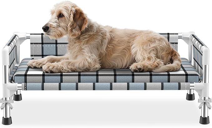 Elevated Raised Outdoor Dog Bed - Cooling Washable Dog Cot with Guardrail, Durable & Breathable Cotton Mesh Pet Hammock Beds with Stainless Steel Pipe Frame for Small Pets (Cushion-(M-))