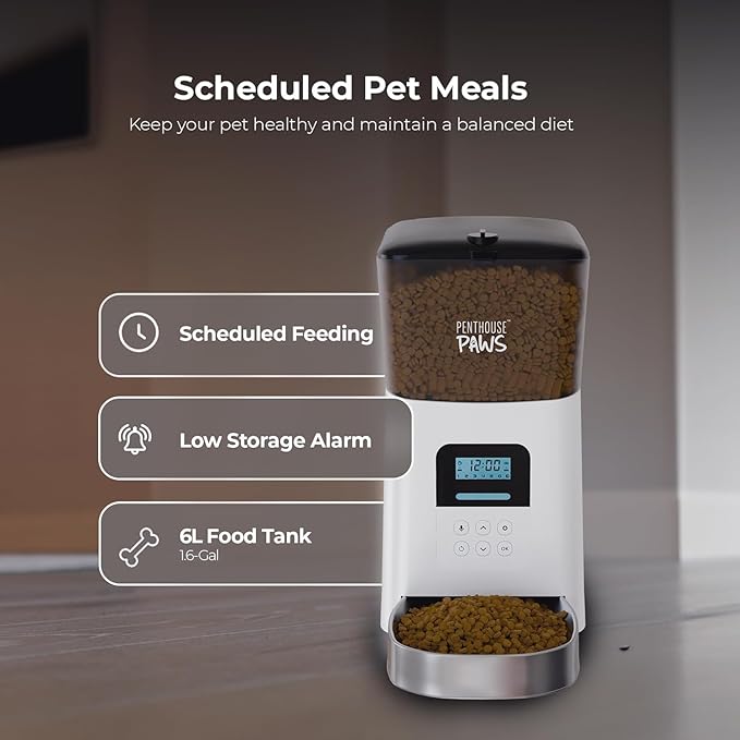 Penthouse Paws Automatic Cat Feeder 6L, Programmable Dry Food Dispenser with LCD Screen, Stainless Steel Bowl, Anti-Jam Design, Voice Recording, Battery Backup, Up to 15 Meals for Cat & Dog, White