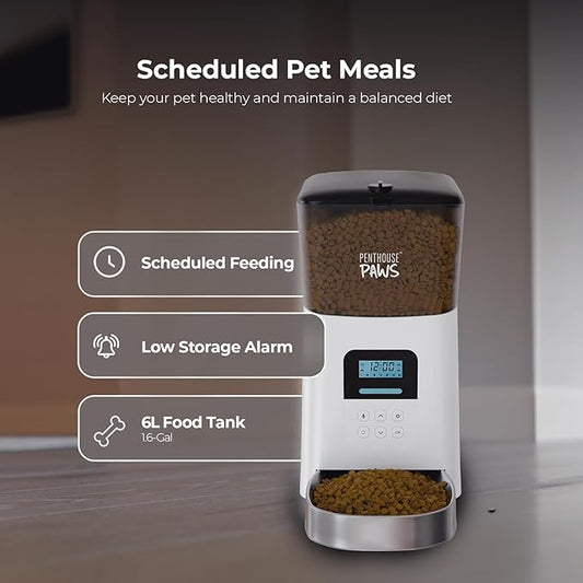 Penthouse Paws Automatic Cat Feeder 6L, Programmable Dry Food Dispenser with LCD Screen, Stainless Steel Bowl, Anti-Jam Design, Voice Recording, Battery Backup, Up to 15 Meals for Cat & Dog, White