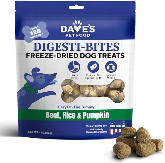 Dave's Pet Food Digesti-Bites Easy to Digest Freeze Dried Beef and Beef Liver Dog Treats with Pumpkin Fiber & Probiotics, Complete & Balanced Nutritious, Freeze Dried Dog Food Topper, USA Made (4 oz)