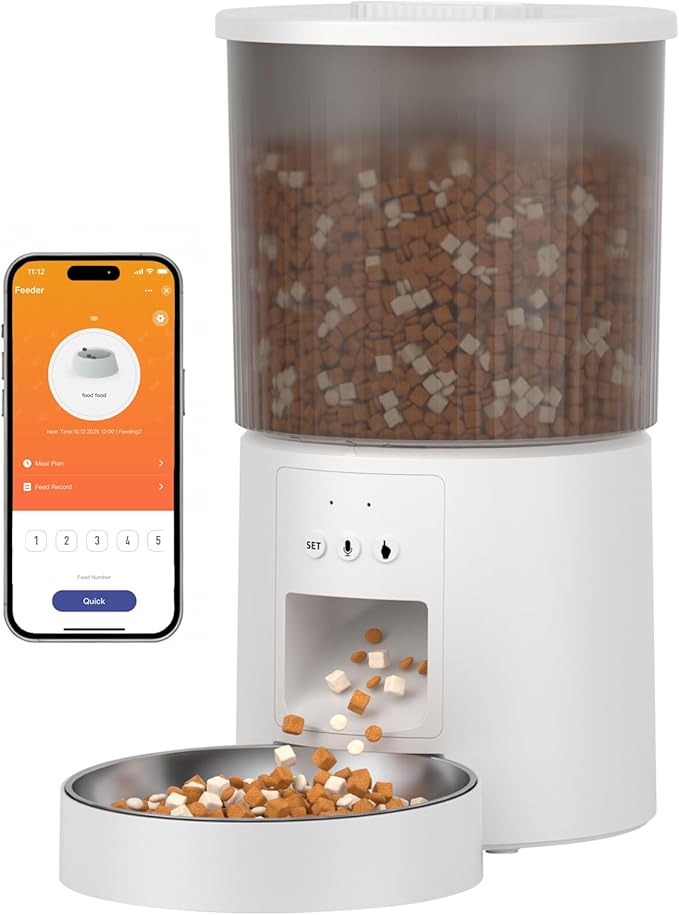 Automatic Cat Feeder, 2.4GHz WiFi Automatic Dog Food Dispenser, Fresh Protection, 4L Timer Feeder, Personalized Recording 10 Seconds, Easy to Clean, Stainless Steel Bowl (Single/White)