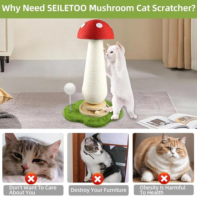 Mushroom Cat Scratching Post, Mushroom Cat Tree with Interactive Ball Track Spring Ball Cat Toys, Cute Cat Scratching Post for Indoor Kittens Adults, 100% Sisal Covered