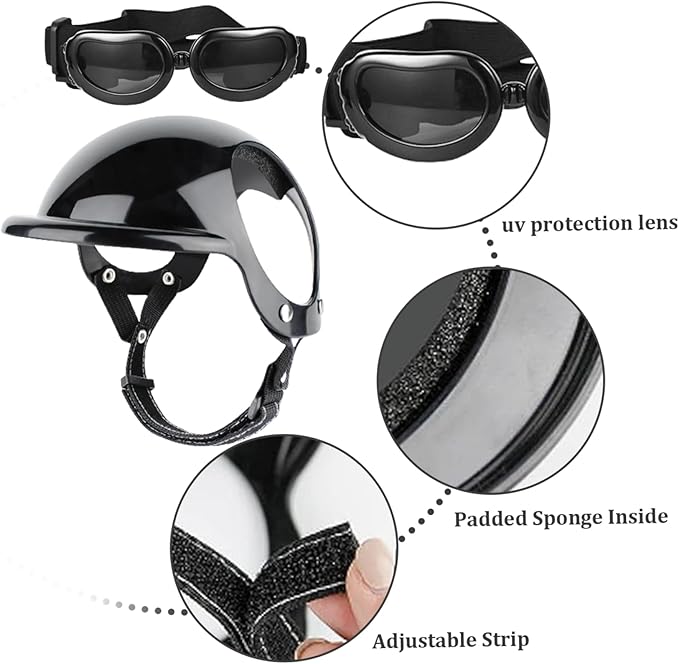Dog Helmet and Goggles 2Pcs/Set Adjustable Chin Strap Dome Dog Helmet with Ear Hole Windproof Stylish Decorative Goggles Pet Supplies
