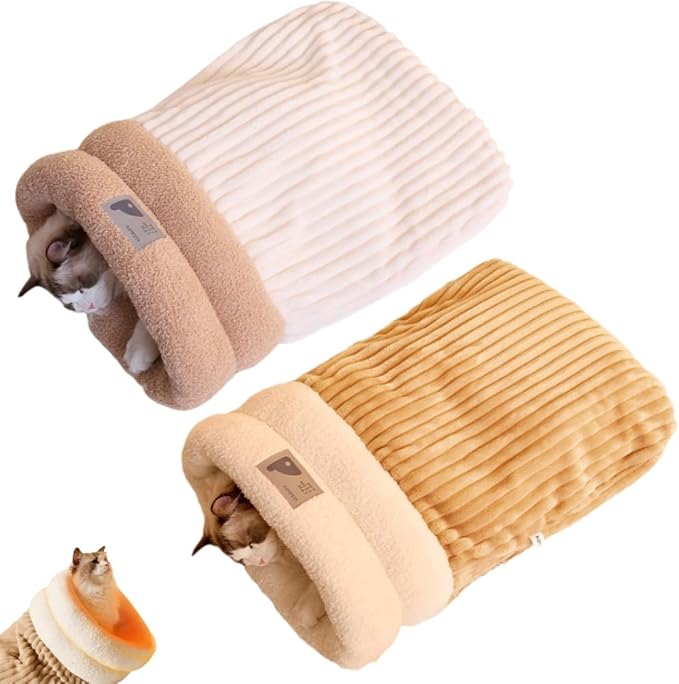 Cat Sleeping Bag, Cats Winter Sleeping Bag for Indoor Cats Cozy Plush Cat Cave Bed, Self-Warming Pet Snuggle Sack for Kitten Puppy Small Dogs (B-Brown + Beige, L-21"x17.7")