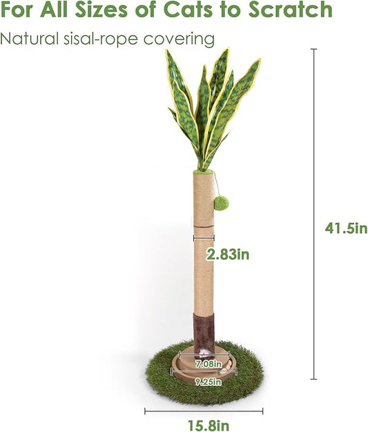 Cat Scratching Post, 35 Inch Tall Cat Scratcher Cat Tree Tower with Hanging Ball for Indoor Cats Adults,Snake Plant Sisal Rope Kitten Scratch with Interactive Mouse Cat Toy