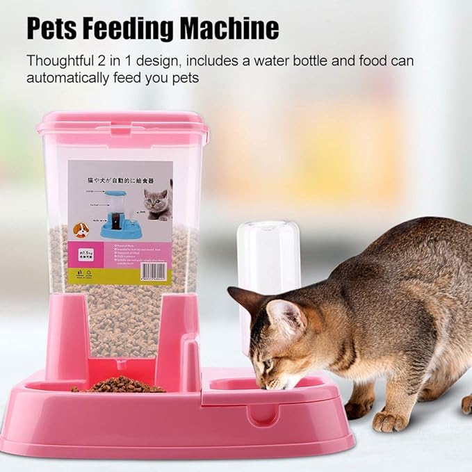 Pet Feeder and Water Dispensers Set, Automatic Pet Feeder Detachable Food Dispenser Water Bottle Cats Dogs Feeding Tool, Dog Cat Bowls Puppy Feeder and Pet Dish for Small Dog(Pink)