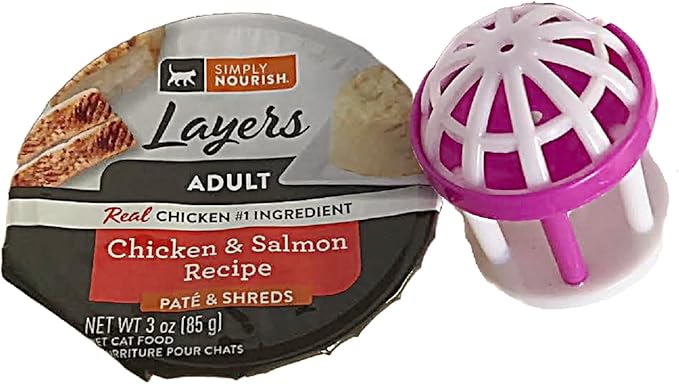 SIMPLY NOURISH Adult Cat Layers Pate & Shreds 6-3 Ounce Cups. Plus Cat Toy Will Vary in Color and Design. (Chicken & Salmon Recipe)
