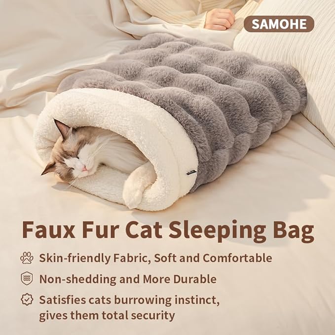 Self-Warming Cat Sleeping Bag, Enclosed Hooded Snuggle Sack with Dual-Side Plush Cat Cave Bed, Portable Foldable Pet Sleeping Pod for Indoor & Travel, Anti-Static, 21.7"x17.7"Blue White