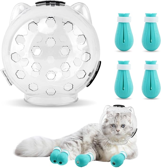 Breathable Cat Muzzle with Anti-Scratch Silicone Boots, Adjustable Transparent Helmet & Grip Socks for Grooming, Vet Visits, and Nail Trimming(Size:M)