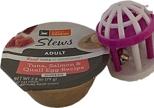 SIMPLY NOURISH Adult Cat Stew Shreds 6-2.8 Ounce Cups. Plus Cat Toy Will Vary. (Tuna,Salmon & Quail Egg Recipe)