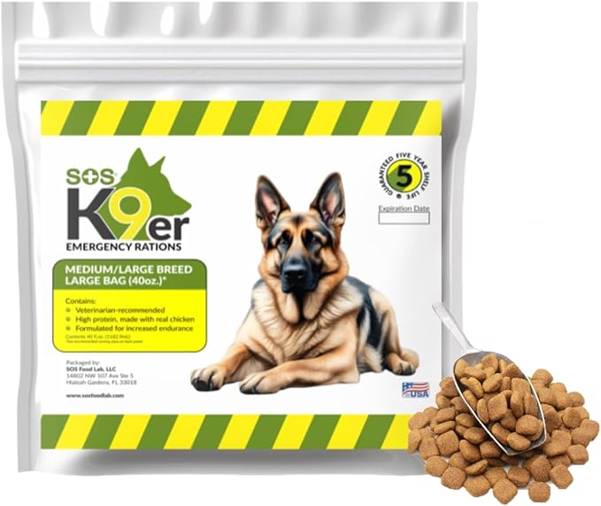 SOS Food Lab Emergency Dog Food Ration (40 Oz) - Pet Food Contains High Protein Chicken for Any Size Dog Breed - Ready to Eat Dry or Add Water - 5 Year Shelf Life - Formulated for Increased Endurance