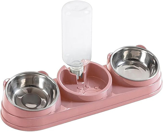 Elevated Double Bowl Pet Feeders with Automatic Water Dispenser Antislip Base for Dog Cats Daily Feeding Watering Supply - Pink - Steel Bowl