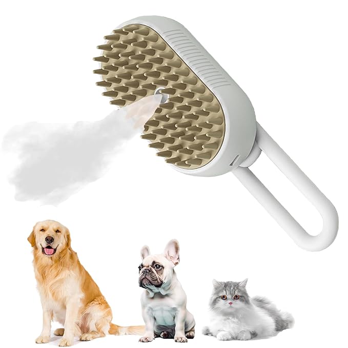 Rechargeable Steamy Brush for Shedding, Pet Grooming and Massage - Removes Tangles, Static, and Flying Hair from Long and Short Fur on Dogs and Cats (White)