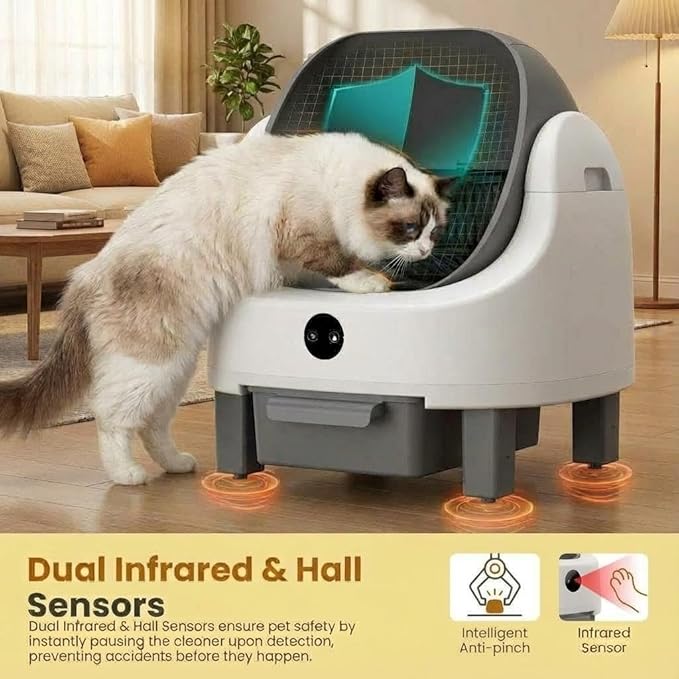 GarveeLife Self Cleaning Litter Box,Automatic Cat Litter Box, Open-Top Robot with APP Control & Real-Time Monitor, Odor Control for Multiple Cats, 96l Capacity, Infrared Safety Sensor - Gray