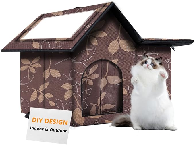 Large Outdoor Cat House Weatherproof, Houses for Outdoor Cats Feral, Collapsible Outside Cat House with Windproof Door, DIY Cardboard and Soft Mat, Insulated Stable Stray Cats Shelter in Winter