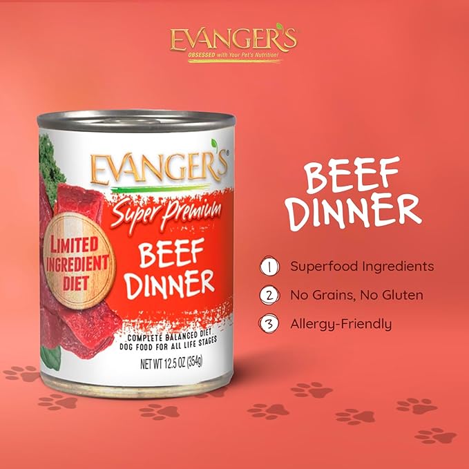 Evanger's Super Beef Dinner for Dogs – 12 Count, 12.5 oz Each – Grain Free Wet Dog Food with Spinach & Kale – All Life Stages – Limited Ingredient Diet