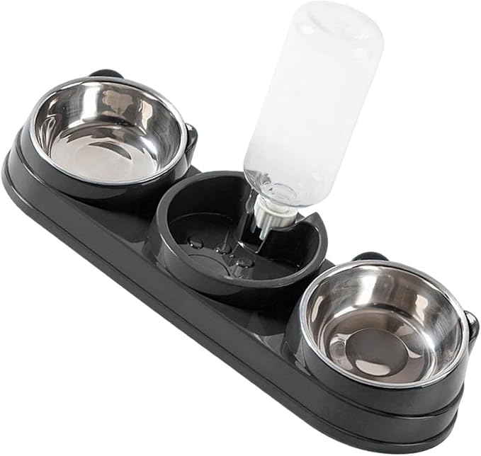 Elevated Double Bowl Pet Feeders with Automatic Water Dispenser Antislip Base for Dog Cats Daily Feeding Watering Supply - Dark Gray - Steel Bowl