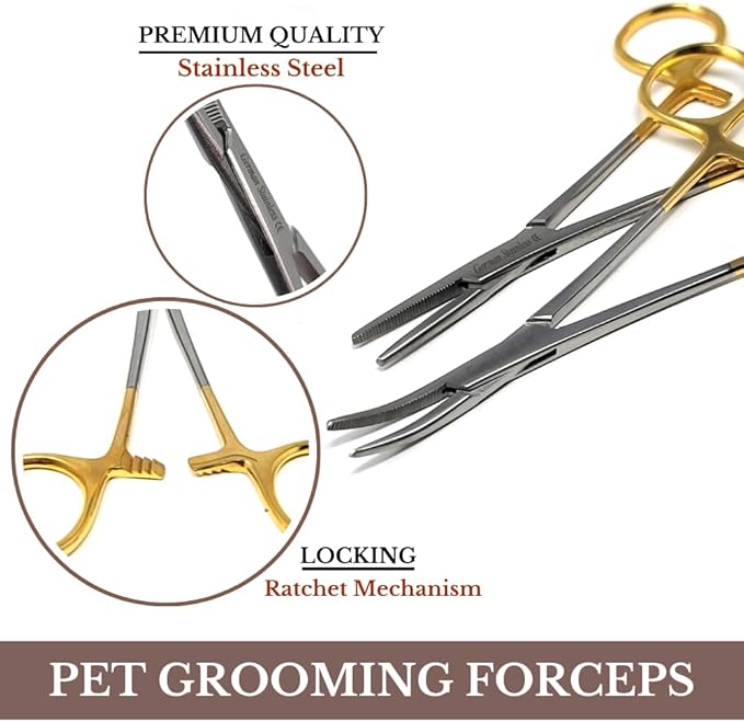 HTI Set of 2 Pcs Dog Cat Pet Hair Puller Remover Stainless Steel Hemostat Locking Forceps 5.5" Straight and Curved Full Serrated (Gold Handle)