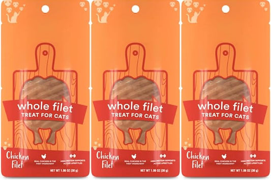 Cat Filet Treats Chicken 3 Pack - Real Chicken Breast High Protein Soft Cat Treats All Natural - Grain Free Healthy Cat Snacks Food Topper for Picky Eaters - 3oz (3x1oz)