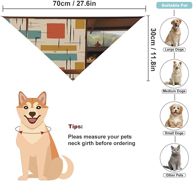 Dog Bandana Spring Pet Scarf Adjustable Triangle Mid Century Modern Printing Dog Bib Washable Polyester Puppy Bandana for Small Medium Large Dogs Cat Birthday Party Supplies