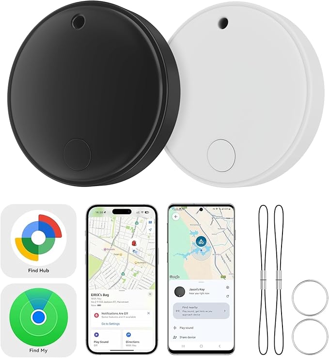 Smart Tracker Tags 2 Pack-for Android or iOS,Dual System Smart Tags、Bluetooth Tracker Work with Apple Find My or Google Find Hub App,Item Locator for Backpack,Pet,Keys,IP67 Waterproof (Black/White)