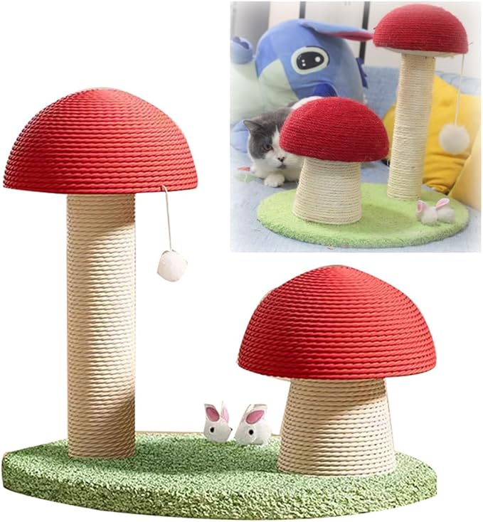 Red Mushroom Cat Scratching Post, Kitten Post Scratcher, Big 16in Base, Mushroom Cat Tree, Natural Sisal Scratching Poles with Interactive Toy Ball, Cute Furniture Scratching Posts for Indoor Cats