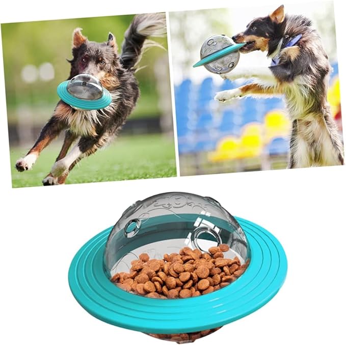 Dog Puzzle Toy, Sky Blue UFO Shapped Treat Dispenser, Food Dispensering Ball for Training and Metal Stimulation,Multifunctional Rolling Leakage Dvice