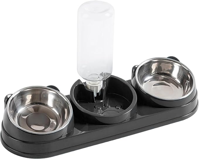 Elevated Double Bowl Pet Feeders with Automatic Water Dispenser Antislip Base for Dog Cats Daily Feeding Watering Supply - Dark Gray - Steel Bowl