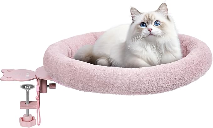 Rotating Cat Desk Bed for Remote Workers, Home Office Staff and Gamers ，Quality Soft Cat Bed, 360° Swivel, Removable Washable Cushion, Comfortable and Easy to Assemble, Supports up 40 lbs(Pink)