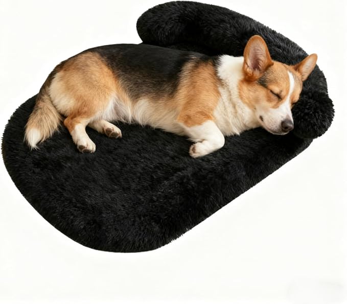 Calming Dog Beds for Medium Large Dogs, Orthopedic Cushion Plush Dogs Lounge Couch Sofa with Washable Removable Cover, Anti-Anxiety Soft Faux Fur Fits up to 40 lbs Pets (Oval, Black 32"x24")