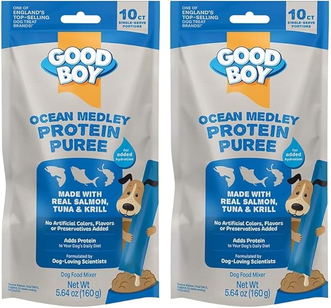 GOOD BOY Ocean Medley Protein Purees Dog Food Mixers for All Adult Dogs, 10 Count, Easy Single-Serve Triple Flavor Topper Treats with Salmon, Tuna and Krill (Pack of 2)