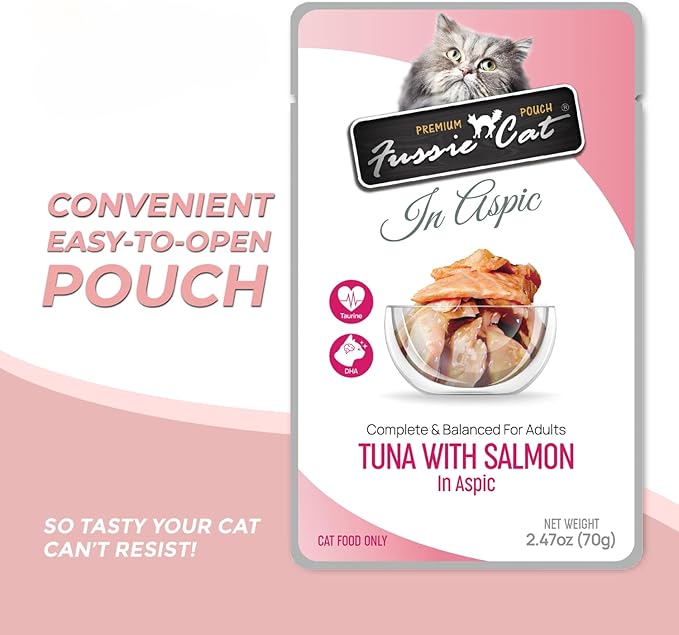Fussie Cat Premium Wet Cat Food in Aspic (5 Pack) 2.47-oz Pouches, 5 Flavor Variety Pack+ lid