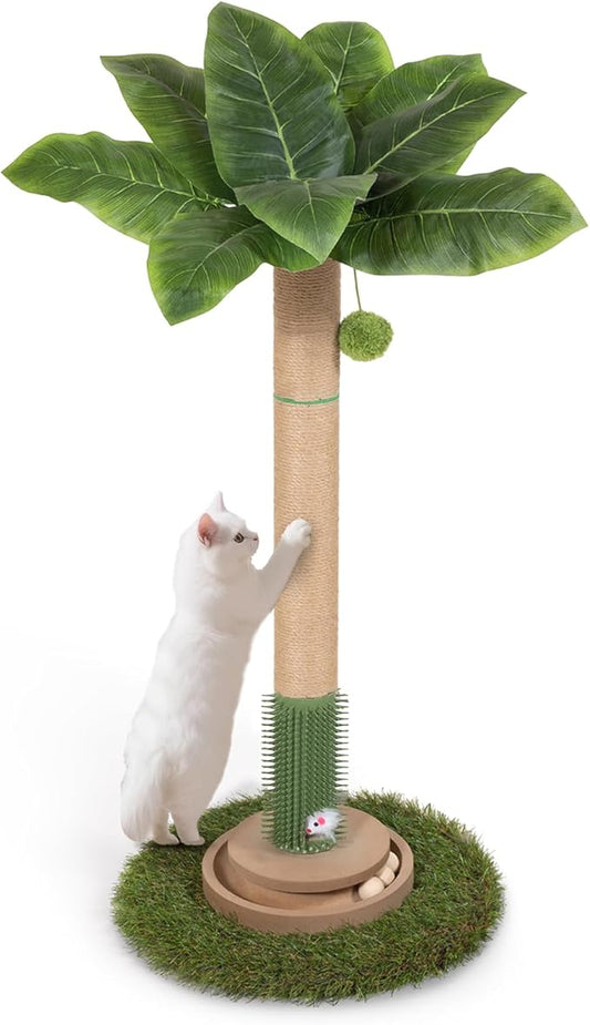 Cat Scratching Post, 35 Inch Tall Cat Scratcher Cat Tree Tower with Hanging Ball for Indoor Cats Adults,Canna Lily Leaf,Sisal Rope Kitten Scratch with Interactive Mouse Cat Toy