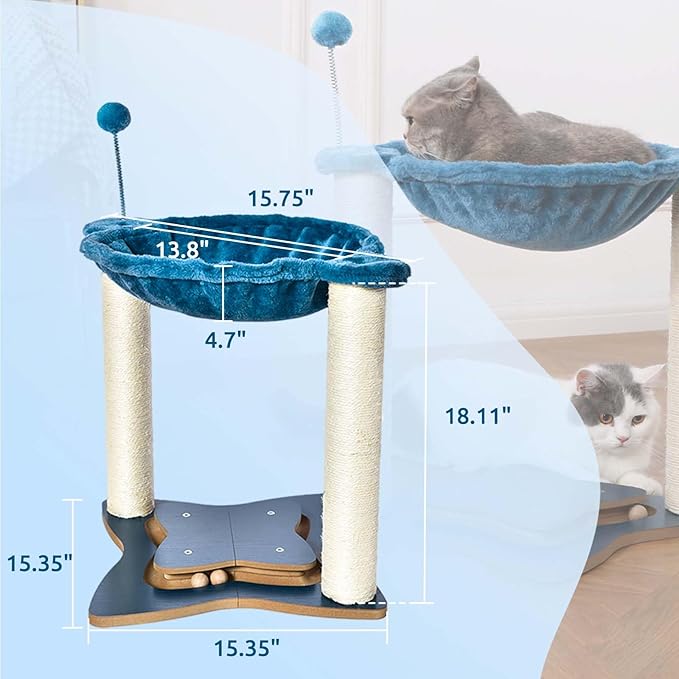 Cat Scratching Post for Indoor Cats, Small Cat Tree Tower with Hammock Wooden Interactive Track Ball,Wooden Interactive Ball Track for Kitten and Adult Cats,18inches (Grey)