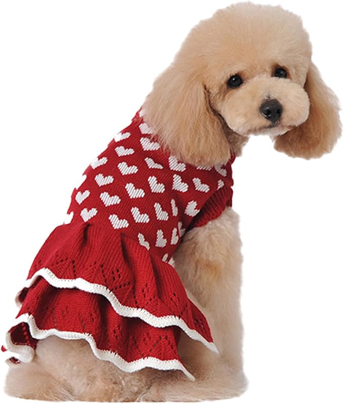 Lovely Heart Pattern Designs Dog Sweater Dress for Valentines Day Small Pet Winter Knitwear Birthday Gift Supply Knitdress