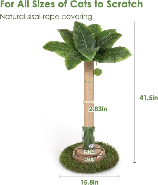 Cat Scratching Post, 35 Inch Tall Cat Scratcher Cat Tree Tower with Hanging Ball for Indoor Cats Adults,Canna Lily Leaf,Sisal Rope Kitten Scratch with Interactive Mouse Cat Toy