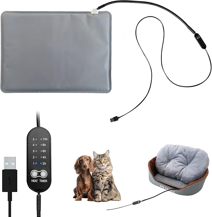USB Pet Heating Pad – Turns Any Pet Bed Heated (Use Inside Bed), 5V/2A Required, 5-Temp & Timer, 140°F Auto Shut-Off, Waterproof Warmer for Cats/Dogs, Power Bank/Wall/Car Powered (12"x16")