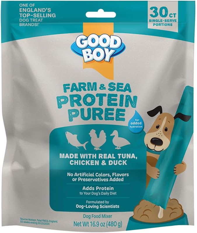 Good Boy Farm & Sea Protein Purees Dog Food Mixers for All Adult Dogs, 30 Count, Easy Single-Serve Triple Flavor Topper Treats with Tuna, Chicken and Duck