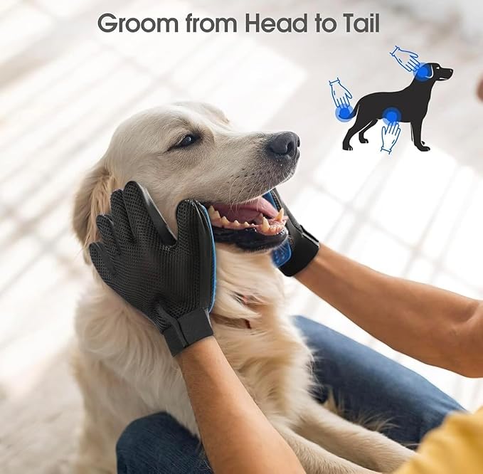 Pet Grooming Glove with 255 Tips, Hair Removal Brush for Dogs and Cats, Blue and Black, Catches 50% More Hair