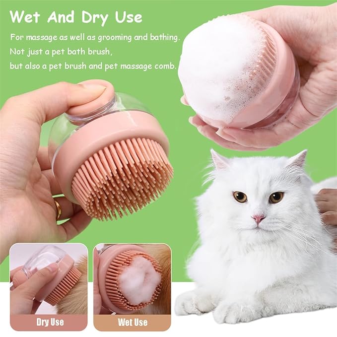 Dog Cat Bath Brush, Pet Shower Massage Brush with Soap Shampoo Dispenser Pet Grooming Massage Rubber Multifunctional Pet Beauty Cleaning Brush Soft Bristle for Long Short Haired Dog Cat Shower, Pink