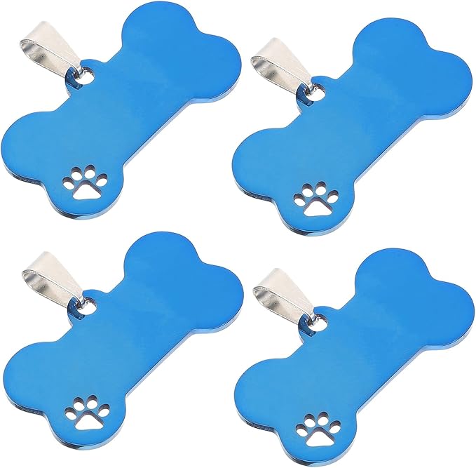 4pcs Blue Bone Hollow Stainless Steel Dog Tag Blanks for Puppy Collar Custom Engraved Pet Name Id Tags Sturdy Metal Puppy Supplies