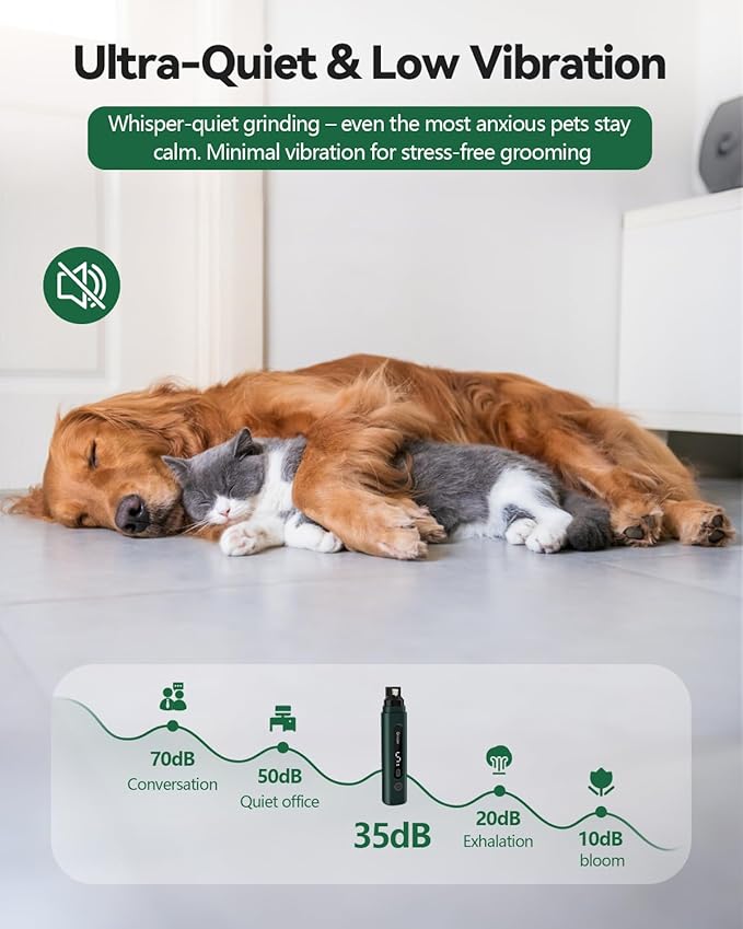 weini Dog Nail Grinder with Sponge Dust Collection, Ultra Quiet <35dB Pet Nail Trimmer for Large Dogs & Cats, Professional 5-Speed Electric Dog Nail Grinder Quiet, 7H Runtime, Green