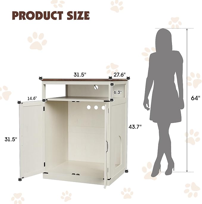 Large Litter Box Furniture with Charging Station and Shelves, Wooden Cat Litter Box Enclosure for Self-Cleaning Litter Boxes, White