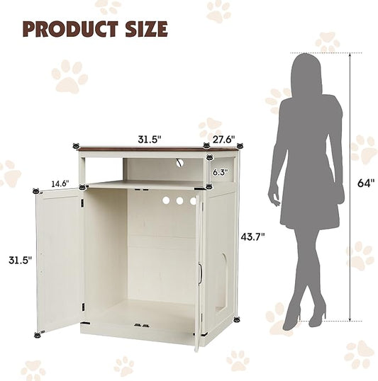 Large Litter Box Furniture with Charging Station and Shelves, Wooden Cat Litter Box Enclosure for Self-Cleaning Litter Boxes, White