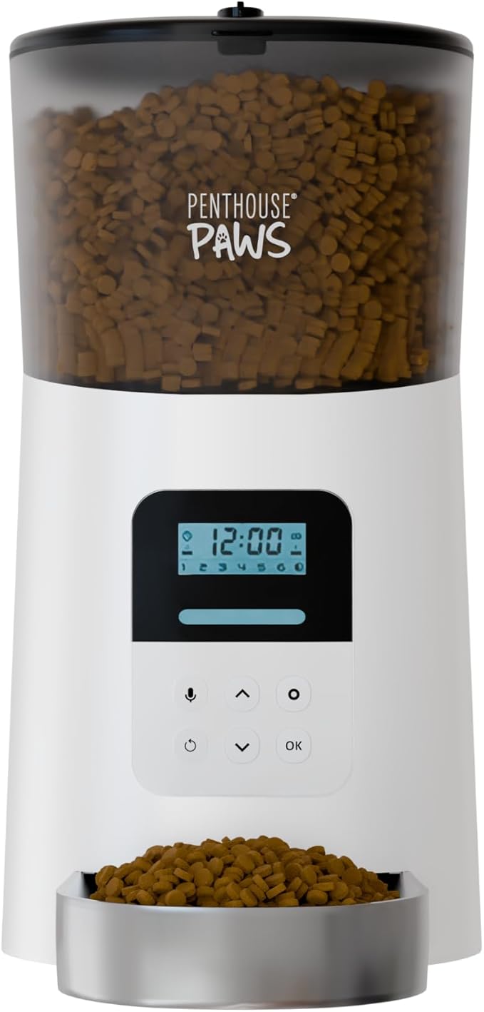 Penthouse Paws Automatic Cat Feeder 6L, Programmable Dry Food Dispenser with LCD Screen, Stainless Steel Bowl, Anti-Jam Design, Voice Recording, Battery Backup, Up to 15 Meals for Cat & Dog, White