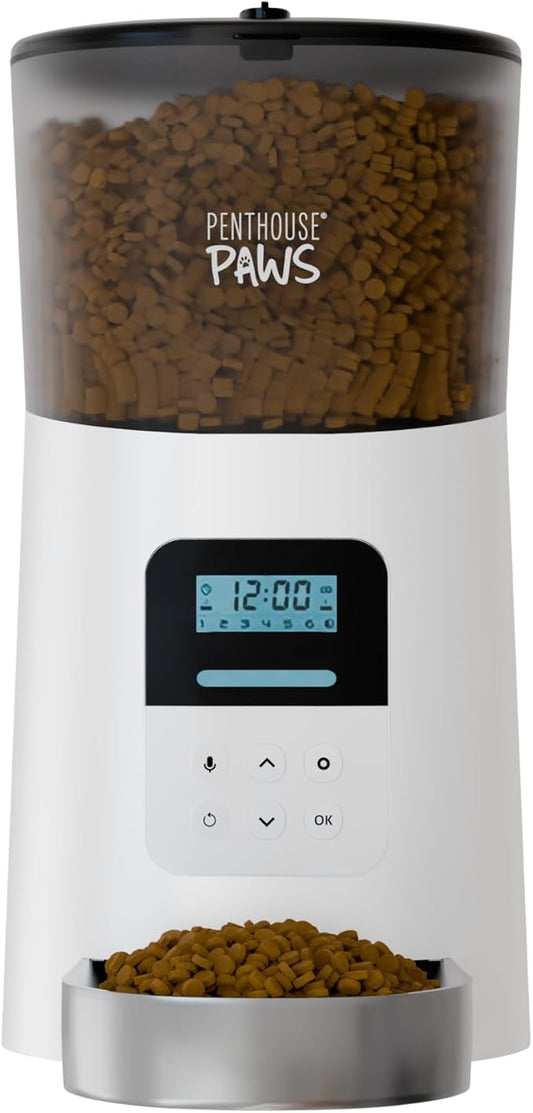 Penthouse Paws Automatic Cat Feeder 6L, Programmable Dry Food Dispenser with LCD Screen, Stainless Steel Bowl, Anti-Jam Design, Voice Recording, Battery Backup, Up to 15 Meals for Cat & Dog, White