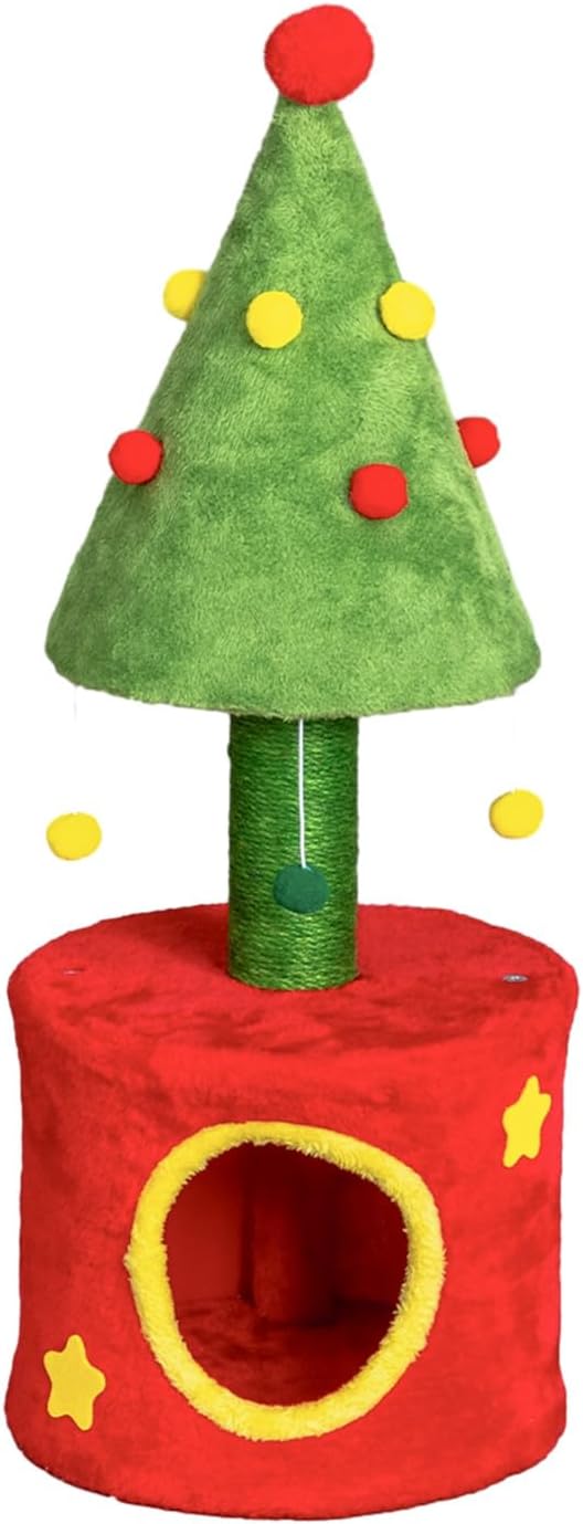 Outvita 30in Cat Scratching Post with Cat House for Indoor Kitten, Small Cat Tree Tower with Sisal Post and Cute Hanging Balls, Red & Green